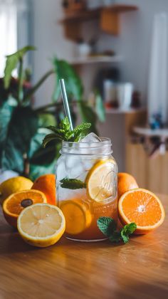 a mason jar filled with oranges and mint sitting on top of a wooden table