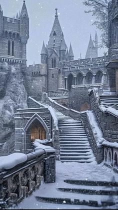 an old castle with snow on the ground and stairs leading up to it's entrance