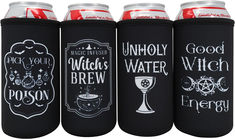 four black can coolers with white writing on them and one has a red drink in it