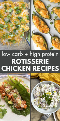 4 images of rotisserie chicken recipes including stuffed jalapeno peppers, chicken salad, chicken tacos and chicken dip.