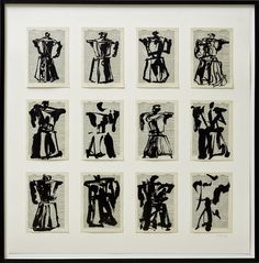 six black and white drawings of people standing in different poses, with one man holding his arms up