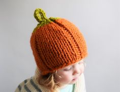 Chunky Pumpkin Hat Knitting pattern by Knifty Knittings Pumpkin Hat Pattern, Halloween Knitting Patterns, Halloween Knitting, Lion Brand Wool Ease, Pumpkin Hat, Hat Knitting Pattern, Fall Hats, Quick Knits, Super Bulky Yarn