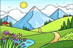 a cartoon landscape with mountains, flowers and a river in the foreground is an illustration