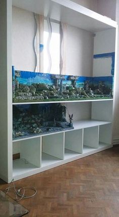 a fish tank sitting on top of a white shelf next to a wall mounted aquarium