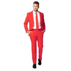 Unforgettable style. Featuring a solid design and slim fit, this men's novelty suit and tie set from OppoSuits will have them remembering you. Click on this MEN'S GUIDE to find the perfect fit and more!PRODUCT FEATURESIncludes: suit jacket, pants & matching tieJacket: padded shoulders, notched lapels, 2-button front, 5-pocket, long sleeves, regular-length jacket fits those between 5'8" and 5'11" tallPants: flat front, 4 pockets, zipper fly with hook & button closure, 9.8-inch front rise, 13.75-i Red Slim Fit Suits With Notch Lapel, Red Slim Fit Suits For Formal Occasions, Tailored Red Business Suit, Red Slim Fit Formal Suits, Red Slim Fit Suits For Semi-formal Occasions, Red Slim Fit Blazer For Business, Orange Suit, Suit Tie, Tall Pants