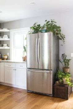 a stainless steel refrigerator in a kitchen with white cabinets and wood flooring, potted plants on the counter