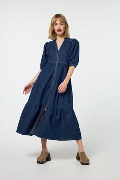 Discover Scamp & Dude's Authentic Indigo Zip Detail Tiered Midi Denim Dress. Available in sizes 6-22. Sign up and get 10% off your first order. Super Scarf, Loungewear Dresses, Denim Dresses, Short Puff Sleeve, Tiered Midi Dress, Midi Length Skirts, Fall Skirts