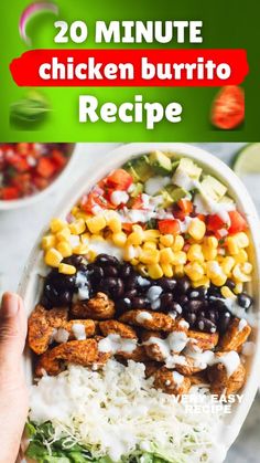 the ultimate chicken burrito recipe is loaded with black beans, corn, tomatoes, and lettuce