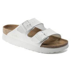 Arizona Platform Vegan Birko-Flor White | BIRKENSTOCK Bridal Shoe Ideas, Dressy Flat Shoes, Women Comfortable Shoes, Funky Shoe, Dressy Flats Shoes, White Birkenstock, Popular Sandals, White Birkenstocks, Dressy Flats