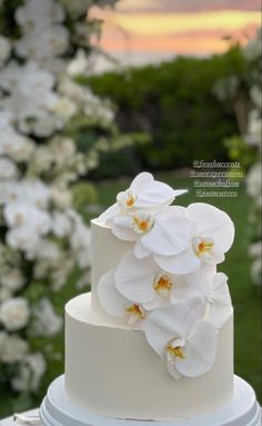 a wedding cake with white flowers on top