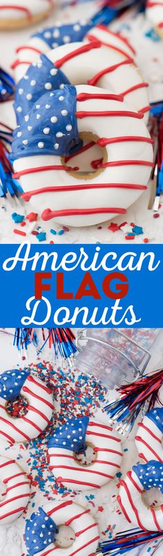 an american flag donut with sprinkles on it and the words american flag donuts