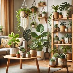 a living room filled with lots of potted plants