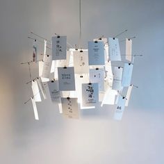 several pieces of paper hanging from the ceiling