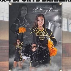 a girl in black and yellow uniform holding cheerleader's pom poms