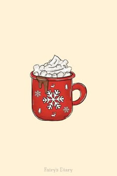 a red mug filled with hot chocolate and marshmallows covered in snowflakes