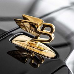 the hood ornament on a black car with gold trim and wings is shown