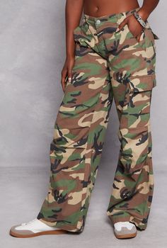 Almost Famous, Cargo Pant, Wide Leg, Camouflage Pattern, Twill, Item Number 3074077135100 Camouflage Wide-leg Cargo Jeans With Side Pockets, Camouflage Wide Leg Military Pants, Spring Camouflage Full-length Cargo Pants, Camouflage Military Cargo Jeans, Army Fatigue, Camouflage Cotton Full-length Cargo Pants, Almost Famous, Cargo Pant, White Shirt