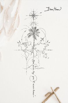 a pen and ink drawing of a palm tree on a white paper with writing underneath it