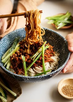 someone holding chopsticks above a bowl of noodles with meat and veggies