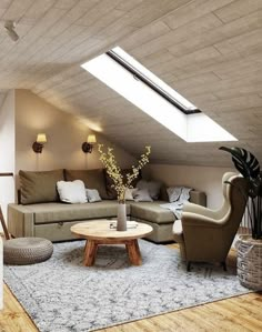 a living room filled with furniture and a skylight above the couches in this loft