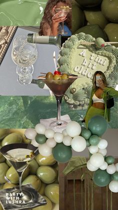 there is a collage with olives and balloons