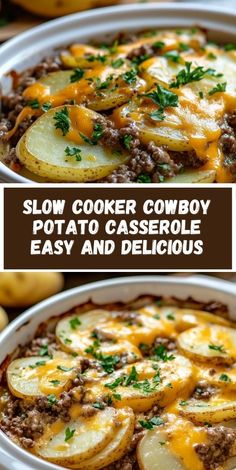 two images showing how to make slow cooker cowboy potato casserole with potatoes