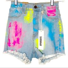 These High Waisted Light Wash Paint Splatter Shorts By Aphrodite Have An Approximate 22” Waist, 11” Rise, 2.5” Inseam. These Denim Shorts Are Made Of Super-Stretch Denim Material That Will Stay Close To Your Body For A Flattering Fit. High Rise, Skinny Fit Through Hips And Thighs. Faux Front Pockets And Real Back Pockets. Belt Loops, Zipper And Button Closure. Hand Sanding, Painted And Frayed Hem To Emphasize Your Body's Curves And Allow For Maximum Stretch Ability. New With Tags. No Flaws. Trendy High Waist Acid Wash Jean Shorts, Multicolor Denim Jean Shorts For Spring, Trendy Multicolor Denim Jean Shorts, Spring Multicolor Denim Jean Shorts, Acid Wash Jean Shorts For Spring, Multicolor Distressed Bottoms For Spring, Distressed Multicolor Bottoms For Spring, Spring Cotton Bottoms With Paint Splatter, Casual Paint Splatter Bottoms For Summer