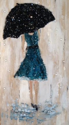 a painting of a woman in a blue dress holding an umbrella while standing in the rain