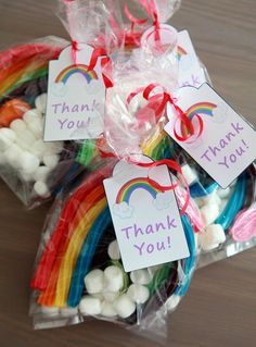 thank you bags filled with marshmallows and rainbow candies