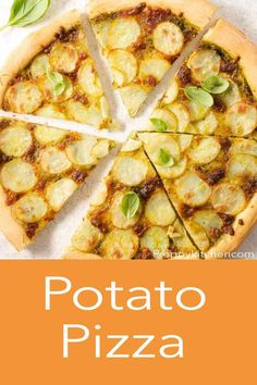 a pizza with slices missing from it and the words potato pizza on top