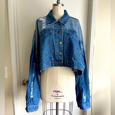 Fashion Nova Born For This Denim Jacket / Lt. Blue / 1x Unused Oversized Medium Wash Denim Top For Spring, Cropped Blue Denim Top For Fall, Trendy Oversized Cropped Denim Jacket, Light Wash Long Sleeve Cropped Denim Jacket, Blue Button-up Cropped Jacket For Spring, Blue Oversized Denim Top For Spring, Distressed Cropped Denim Jacket, Boyfriend Denim Jacket, Green Denim Jacket