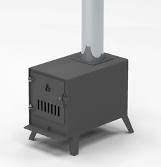 a black stove sitting on top of a white floor next to a tall pole with a candle in it