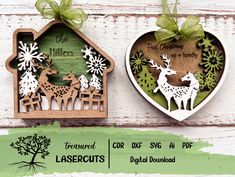 two laser cut christmas ornament with deer and snowflakes on the front