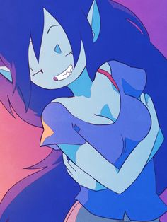 an animated character hugging another character in front of a purple background with blue hair and eyes