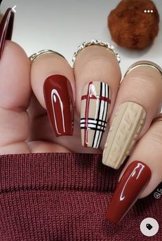 Plaid Nail Designs, Sweater Nails, Pretty Nail Art Designs, Burgundy Nails, Nail Art Hacks, Best Acrylic Nails