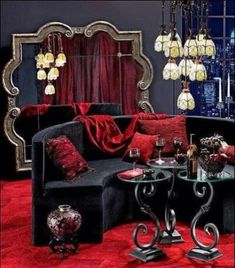 a living room filled with furniture and red carpet