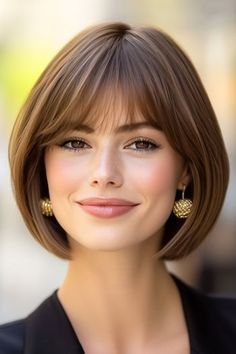 Save this pin for the best bob haircuts with bangs. This classic bob features sleek, straight lines with the addition of soft, wispy bangs. The wispy bangs bring in a touch of elegance. Cute Haircuts Short With Bangs, Cute Bob Hairstyles With Bangs, Straight Bob Haircut With Bangs, Rounded Bob Haircut, Long Bob With Side Bangs, Chin Length Hair With Bangs, Short Sleek Bob, Chin Length Bob With Bangs, Medium Length Bob Hairstyles