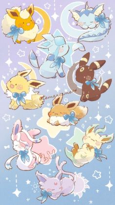 an image of pokemon stickers on a blue background with stars and crescents in the sky