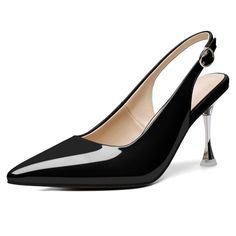 a black high heeled shoe with a metal toe and an open - toe design