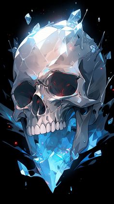 a skull with red eyes is surrounded by ice crystals