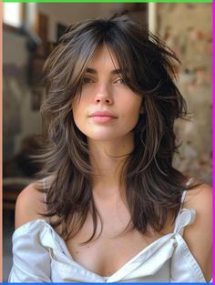 Medium Very Layered Hair, Med Length Wolf Haircut, Choppy Layers With Face Framing Pieces, Face Shapes Haircut, Dark Brown Medium Length Hair Face Framing, Long Shag Haircut No Bangs Side Part, 90 Degree Haircut Medium, Heavy Layered Shag, Shag Haircut With Money Piece