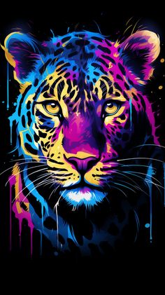 a colorful tiger face on a black background