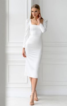 Elegant Bodycon Evening Dress For Wedding, Elegant Long Sleeve Bodycon Dress With Fitted Bodice, Elegant Square Neck Dress For Wedding Guest, White Midi Dress For Banquet, White Midi Length Dress For Banquet, Elegant Bodycon Mini Dress For Banquets, Fitted Long Sleeve Midi Dress For Banquet, Elegant Bodycon Mini Dress For Banquet, Elegant Square-neck Dress With Fitted Bodice