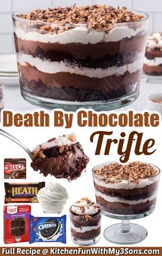 Death By Chocolate Trifle is a layered dessert with layers of chocolate cake, pudding, fudge, Oreos, and whipped cream topped with Heath candy bars. Always such a huge hit for parties or gatherings. Pudding Fudge, Chocolate Cake Pudding, Chocolate Trifle Recipe, Chocolate Trifle Desserts, Heath Candy, Trifle Recipes Easy, Chocolate Pudding Desserts