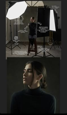 a woman is sitting on a stool in front of a camera and lighting equipment, with the