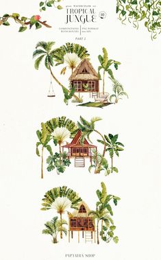 an illustration of tropical huts and palm trees with the words exotic jungle written below them