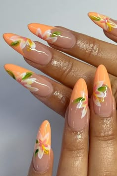 Orange Orquideas Frenchies Orange Flower Nails, Orange French Tips, Orchid Nails, Sun Nails, Vintage Nails, Vibrant Nails, Nails Only, Unique Acrylic Nails, Nail Tattoo