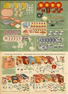 an old advertisement from the 1950's shows various household items and cooking utensils