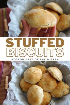 a person holding a biscuit in their hand with the text stuffed biscuits bottom left of the mitten