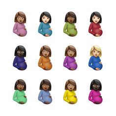 many different colored women are sitting in the same position, with one woman's stomach exposed